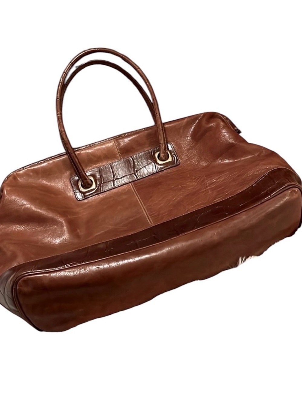 Vintage Two-tone Distressed Brown Tan Leather Laptop Carryon Tote Satchel Purse